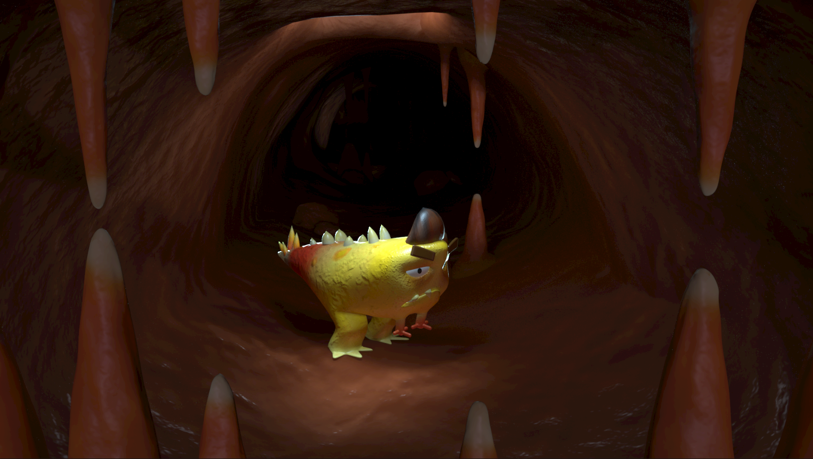 A candy corn monster in a candy corn and chocolate cave
